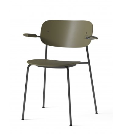 Krzesło Co Dining Audo Copenhagen (dawniej Menu) - wersja z tworzywa, z podłokietnikami, czarno-oliwkowa